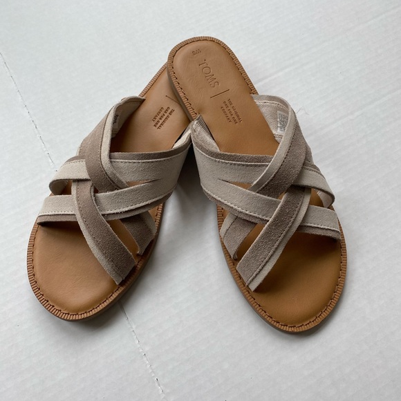 Toms Women Val Desert Taupe Suede Crisscross Strap Open Toe Slide Sandal Size 8 - Picture 1 of 6